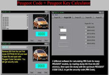 Load image into Gallery viewer, Software interface for Peugeot Code and Key Calculator, part of the ALL IMMO OFF package for ECU and PIN code management.
