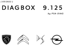 Load image into Gallery viewer, DIAGBOX 9.125 March 2022 version with Peugeot, Citroën, DS, and Opel logos.
