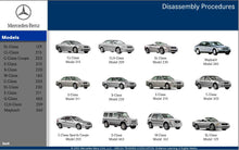 Load image into Gallery viewer, Mercedes Benz software package display featuring various car models and disassembly procedures.
