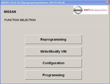 Load image into Gallery viewer, Nissan J2534 ECU Reprogramming Software interface showing reprogramming, VIN modification, configuration, and programming options.
