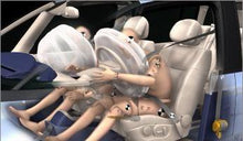 Load image into Gallery viewer, Car crash test dummy simulation showcasing airbag deployment.

